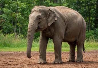 Obraz premium Asian elephant standing in a grassy enclosure
