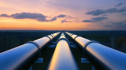 Long pipelines stretch across the landscape under a vibrant sunset sky during evening hours