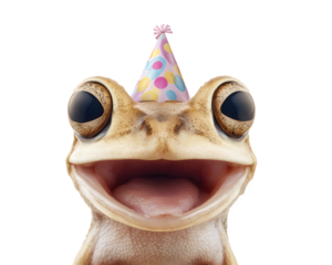 Cheerful frog wearing colorful party hat, celebrating with big grin. This whimsical creature embodies joy and festivity, perfect for any fun occasion
