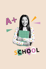 Composite sketch image design collage of excited face young girl smile hold copybook smart elementary september university student lesson