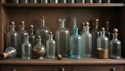Antique Glass Bottles Arranged on a Wooden Shelf for Presentation