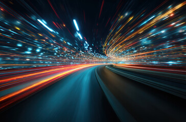 Dynamic light trails create sense of speed and motion on winding road at night, showcasing vibrant colors and energy