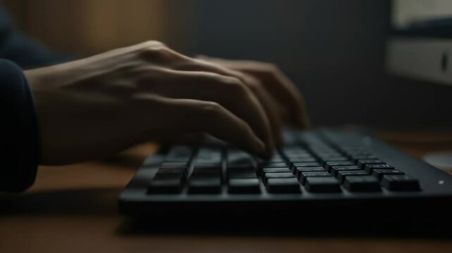 Closeup hands typing on dark computer keyboard home office workspace indoor shot focus on hands and keyboard work from home productivity technology digital communication