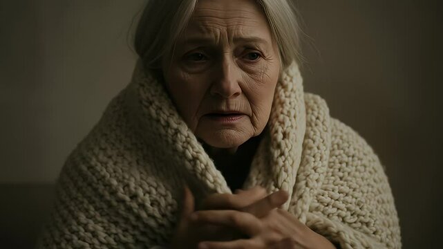 Closeup indoor portrait of an elderly woman wrapped in a warm beige knitted shawl