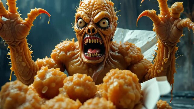 Terrifying mutant monster with exposed teeth screaming in fast food setting surrounded by fried chicken pieces on table, horror-comedy vibe. Concept of grotesque fast food creature