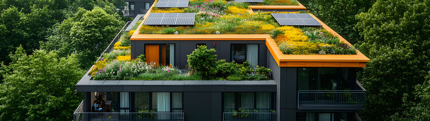 A green roof on an apartment building, covered with grasses, flowers, and solar panels