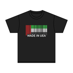 Black t-shirt Made In UEA with flag barcode
