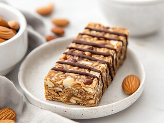 Delicious homemade granola bar with chocolate and almonds on a plate