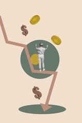 Banner 3d pop photo collage of inexperienced businesswoman businessman stand arrow decline dollar...