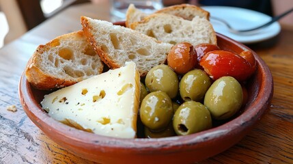 Delicious tapas plate with olives bread and cheese in a cozy restaurant setting