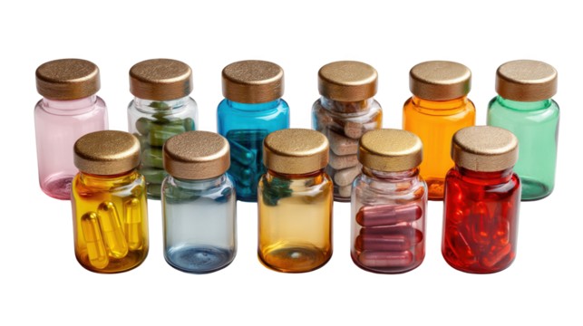 Assorted colorful glass bottles filled with various supplements, each topped with a gold lid, create a vibrant display against a transparent background, highlighting health choices