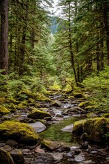 Obraz premium Forest Stream With Mossy Rocks