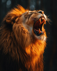 Majestic Lion Roaring with Golden Mane. A majestic lion roars, showcasing its impressive teeth and golden mane in stunning detail against a blurred dark background.