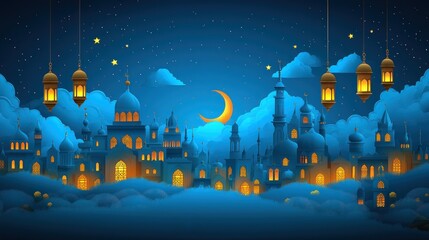 Night scene of illuminated Islamic city skyline with crescent moon, lanterns, and clouds.