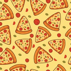 cute pizza slice seamless pattern on yellow background .