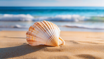 a delicate seashell rests on the golden sand of a serene beach with the sparkling blue sea and gentle waves in the background