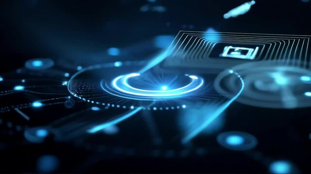 Futuristic digital interface with glowing blue circular elements, high-tech HUD (heads-up display) style, interconnected data nodes and abstract technological symbols, floating in a dark blue and blac