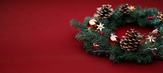 Festive Christmas Wreath With Assorted Ornaments And Pinecones, On An Elegant Red Backdrop