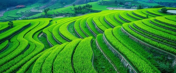 Fototapeta premium Vibrant green rice paddies blanket Tram Tau District's landscape in Yen Bai, Vietnam, Vietnam, irrigation