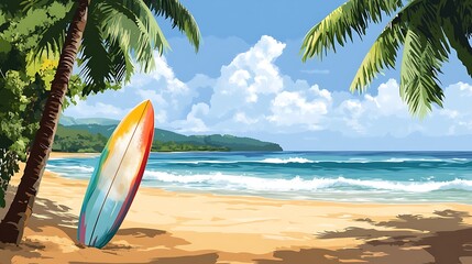 Colorful surfboard on a tropical beach scene.