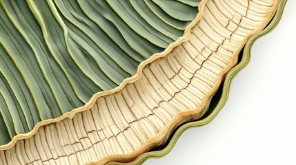 Close-up of a cross-section revealing the layered, textured interior of a plant stem, showing pale, segmented inner structure contrasted against darker, pleated outer layers