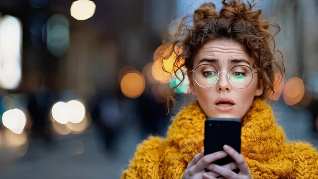 shocked woman looking at smartphone in city street