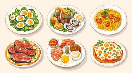 Various dishes presented on plates, featuring eggs, meat, seafood, and pasta.