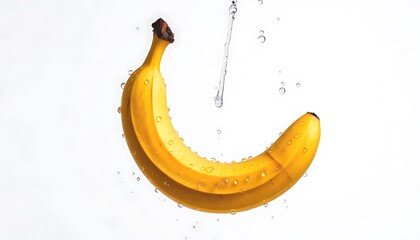 Fresh Yellow Banana Under Running Water A Vibrant, Close-Up Photo of a Single Ripe Banana Being Washed with Water Droplets