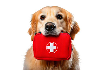 a golden retriever holding a red first aid kit in its mouth  png