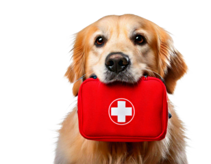 a golden retriever holding a red first aid kit in its mouth  png