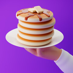 Cartoon hand holding white porcelain plate with pancakes, maple syrup and butter isolated over purple background. 3d rendering.