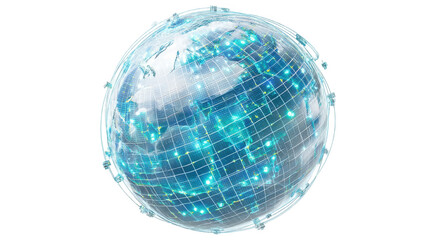 Holographic globe rotating against a transparent background, illustrating connections and data transfer for futuristic projects in global communication and technology