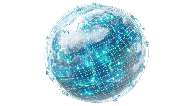 Holographic globe rotating against a transparent background, illustrating connections and data transfer for futuristic projects in global communication and technology