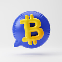 Inflated message and bitcoin icon isolated over white background. 3D rendering.