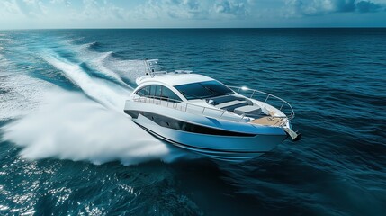 Obraz premium Modern White Yacht Sleek Lines Speeding Blue Sea, Luxury Brand Corporate Event Magazine Feature