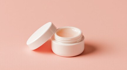 A small white ceramic container of rose-infused skin salve on the left side of a pale pink background, with the lid lying next to it
