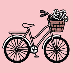 Bicycle with Basket and Hearts Line Art, Romantic Bike Graphic