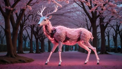 Futuristic Deer Sculpture Under Blooming Cherry Blossoms in a Serene Pathway