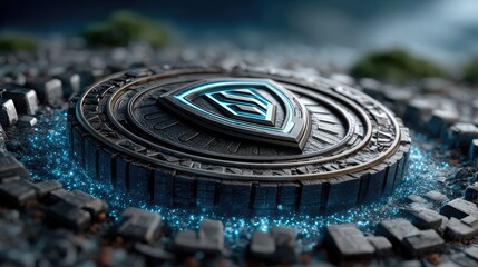 Dark futuristic medallion on stones