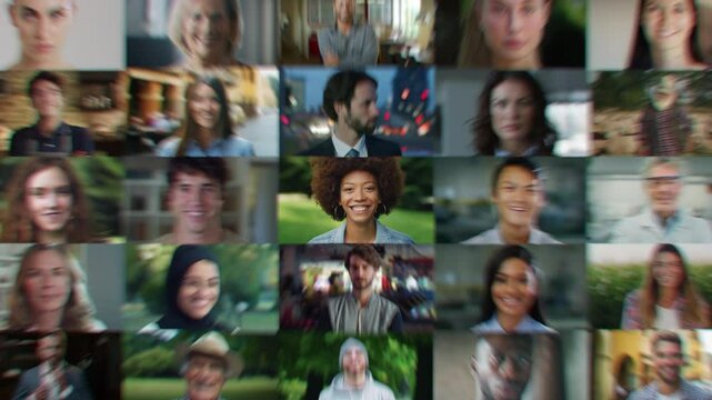 Portrait Collage with Visual Effect Zoom Out. Authentic People of Diverse Background, Gender, Ethnicity, Occupation. Men and Women Looking at Camera. Video Starts with Black African Female Lead