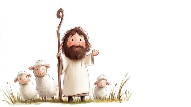 Fototapeta Cartoon Illustration of Jesus, The Good Shepherd