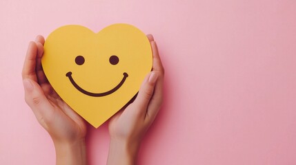 paper cut smiley face in hands make heart symbol for protection around on pink background. positive thinking, mental health, assessment, world mental health day concept