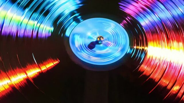 Spinning Vinyl Record With Neon Reflections For Retro Music Visuals, Party Vibe Concepts, Vintage Audio Branding, And Trendy Nostalgia-Inspired Creative Campaigns