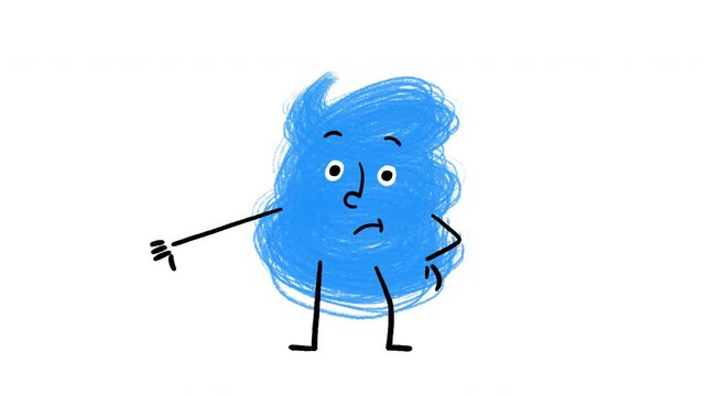 Cute Blue Scribble Doodle Character Thumbs-Up to Thumbs-Down Hand drawn Animation on White Background - 4K Horizontal Video 8 seconds Seamless Loop