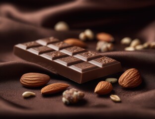 A chocolate bar with one or two almonds on the side, resting against an elegant dark fabric background.