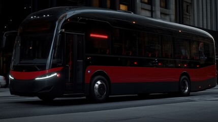 Sleek black and red electric bus driving on city street at night.