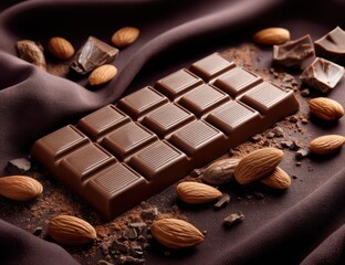 A large chocolate bar with milk and almonds, arranged on a dark fabric background.