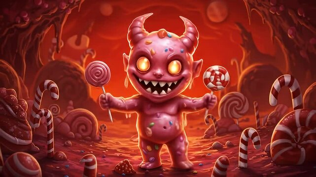 Digital illustration of a cute candy creature in a candy land scene with lollipops