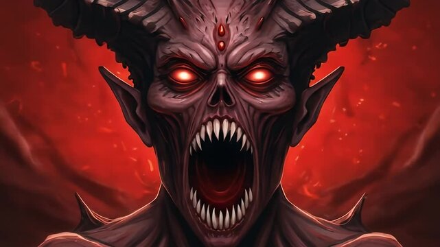 Digital illustration of a demonic creature closeup of a dark purple demon with red eyes fiery background suitable for fantasy or horror design