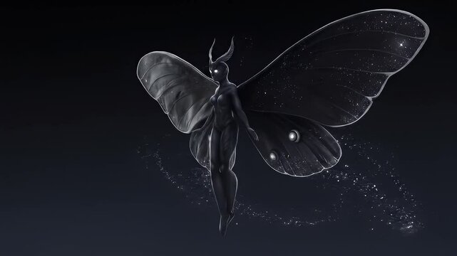 Digital illustration of a majestic black moth or butterfly creature with glowing features